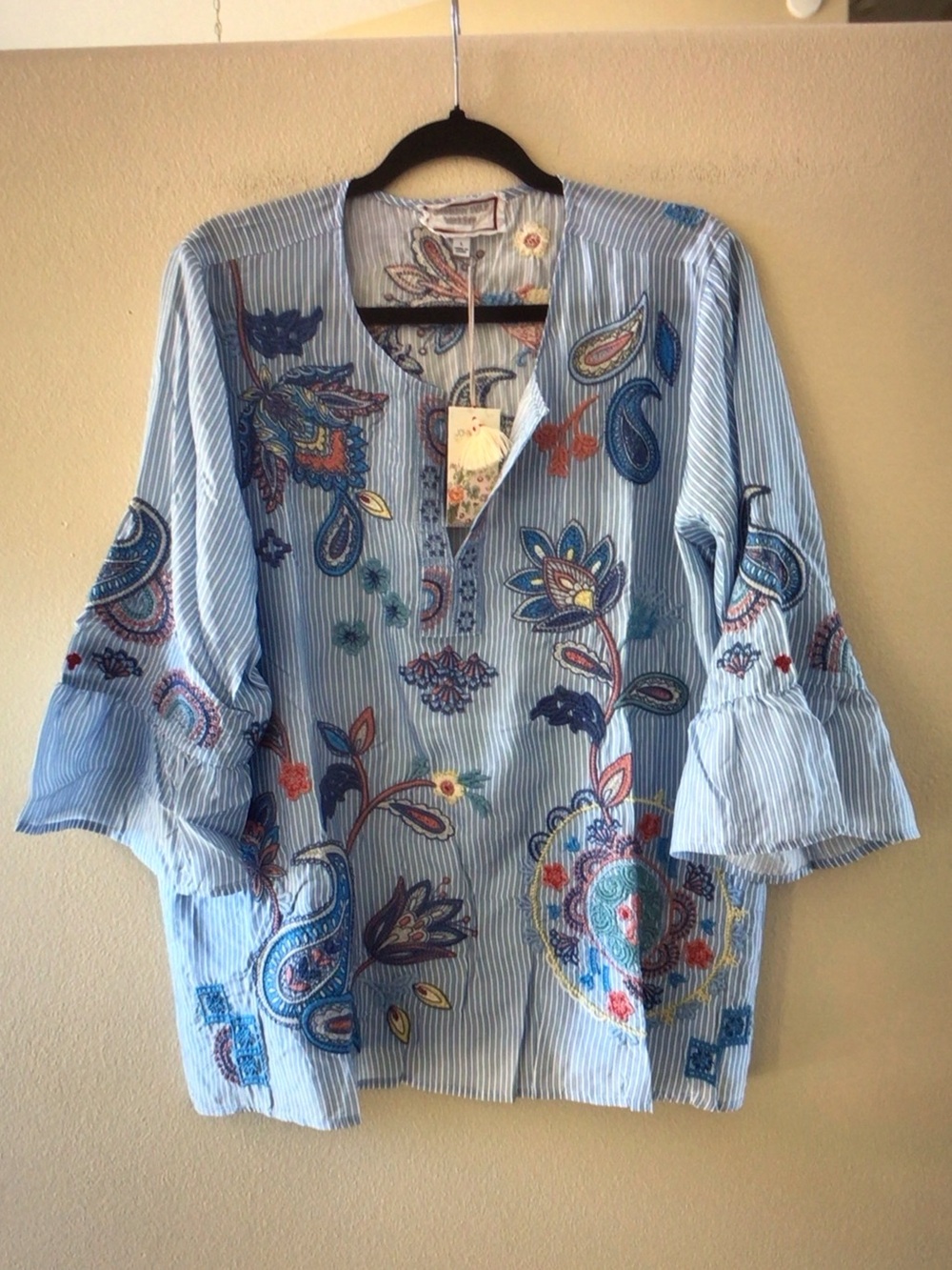 Johnny Was Light Blue Striped Embroidered Paisley V-Neck Tunic